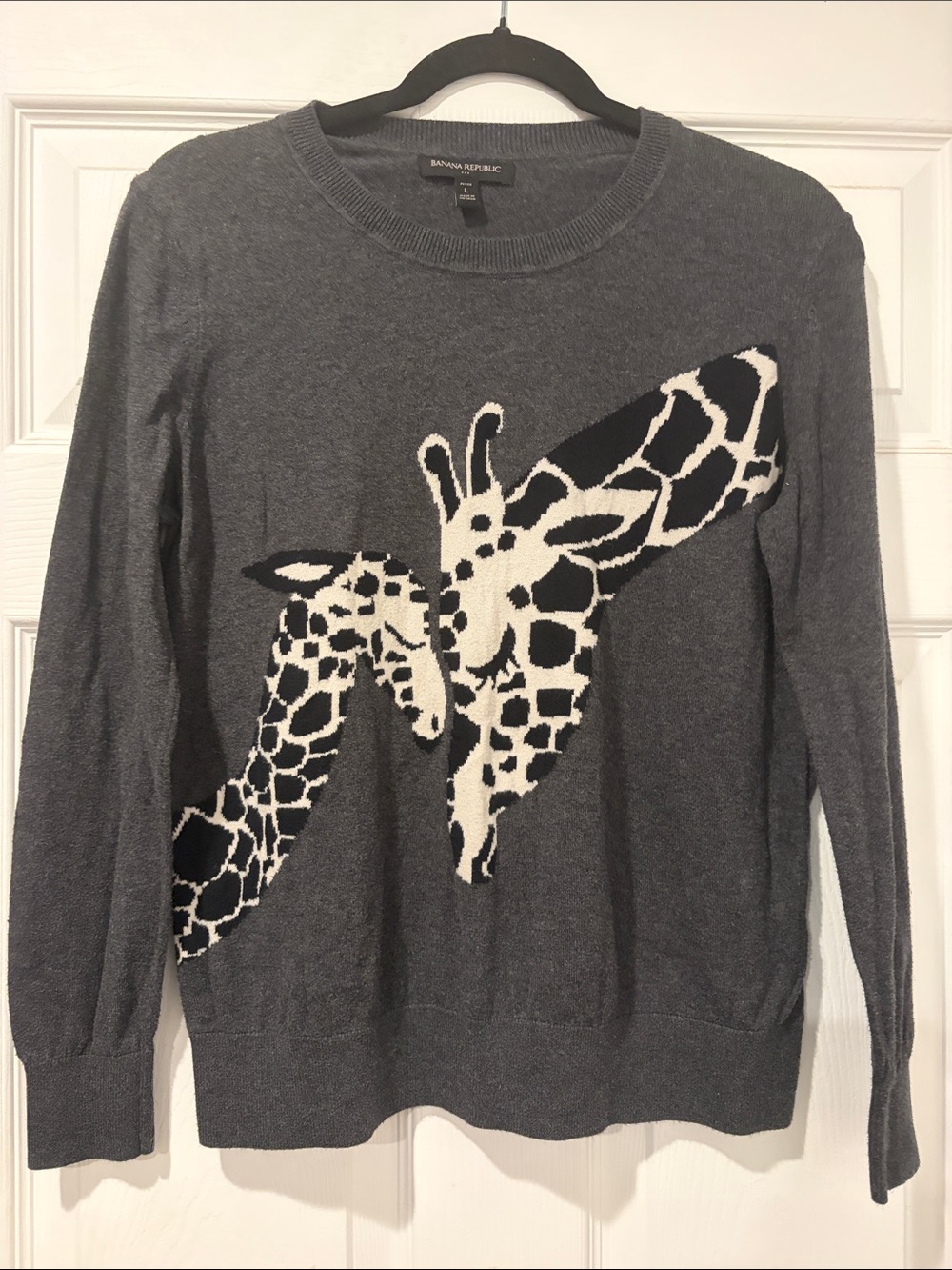 Banana Republic Gray Crewneck Sweater with Ivory & Black Giraffe Intarsia